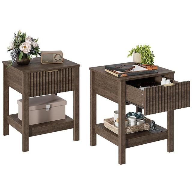 TROJM Fluted Night Stand with Golden Handle,Set of 2 Mid-Century Nightstands with Drawer,Bedside Table with Storage Shelf,Large End Tables for Livingroom,Bed Side Tables for Bedroom,Walnut