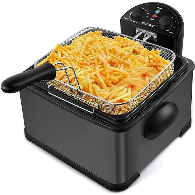 Secura Deep Fryer with 3 Baskets, 21 Cups / 5 Liters Oil Capacity 1700-Watt Stainless-Steel Triple Basket Electric Deep Fryer with Timer Extra Odor Filter, Black