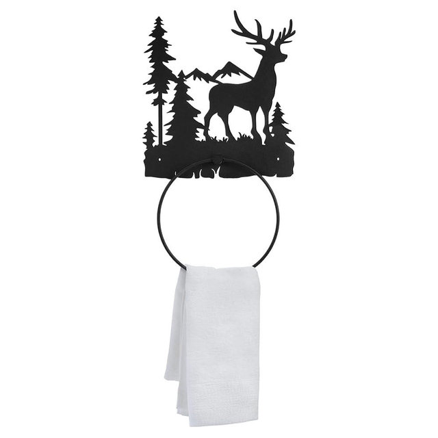 Elk Towel Ring for Bathroom Matte Black Hand Towel Holder Hardware Cabin Hand Cloth Ring Rustic Bathroom Facecloth Holders Wall Mount Round Washcloth Racks for Bath Kitchen Decor