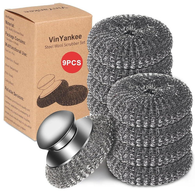 9Pcs Steel Wool Scrubber with Replacement Wire Sponge Pads Set, Stainless Steel Scrubber with Handle for Scouring Messes from Cast Iron, Frying pan, Pots, Pans, Grill, Stoves, Sink(1 Scrubber+8 Pads)