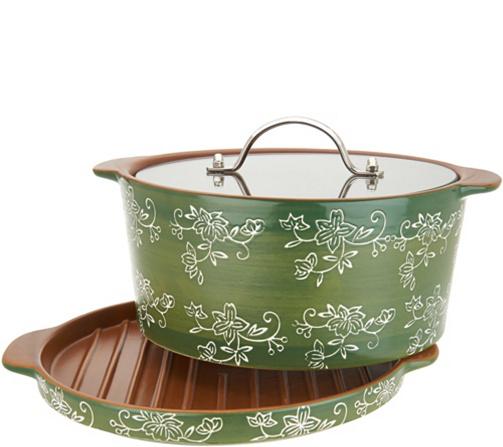 Temp-tations Floral Lace 3qt Stovetop Baker w/ Grill Lid & Glass Press