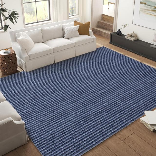 Boho Striped Print Large Living Room Rug Soft Low Pile Washable Dining Room Area Rug Modern Indoor Rugs for Bedroom Nursery, Blue, 8'x10'