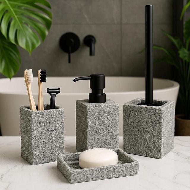 OMEPAX Bathroom Accessories Set - Black Soap Dispenser, Toothbrush Holder, Soap Dish, Toilet Brush & Toilet Brush Holder - Grey Stone Bathroom Accessories Set - Modern Bathroom Organizer Set