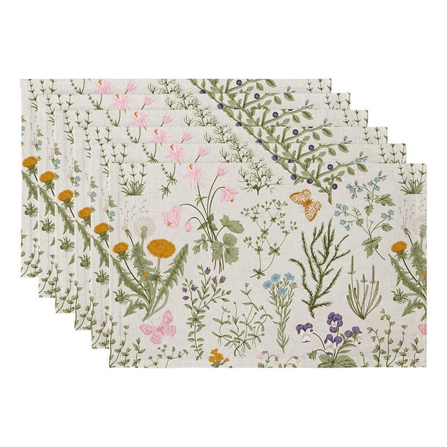 QIYI Boho Placemats Set of 6, 12x18 Inch Linen Fabric Floral Place Mats for Kitchen Dinning, Farmhouse Rustic Cloth Table Mats, Washable Placemat Botanical Party Table Décor, Wildflowers Herbs