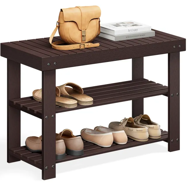 Shoe Rack Bench, 3-Tier Bamboo Shoe Storage Organizer, Entryway Bench Brown