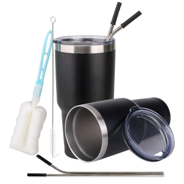 Jay Style 30oz Tumbler Stainless Steel Vacuum Insulated Tumbler Double Wall Travel Mug Coffee Cup with Lid, Metal Straw and Brush (Black,2 Pack)