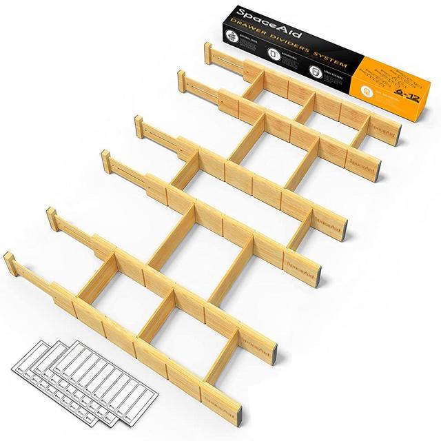 SpaceAid Bamboo Drawer Dividers with Inserts and Labels, Kitchen Adjustable Drawer Organizers, Expandable Organization for Home, Office, Dressers and Bathroom, 6 Dividers with 12 Inserts (17-22 in)