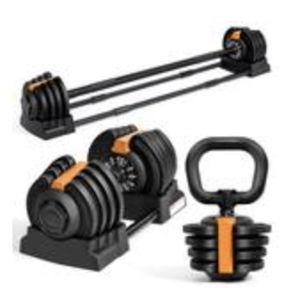 KERDOM - 3 in 1 Adjustable Dumbbells Set Used as Barbell, Kettlebell, Push up Stand, 2-43 lbs Free Weight Set with Connector - Orange