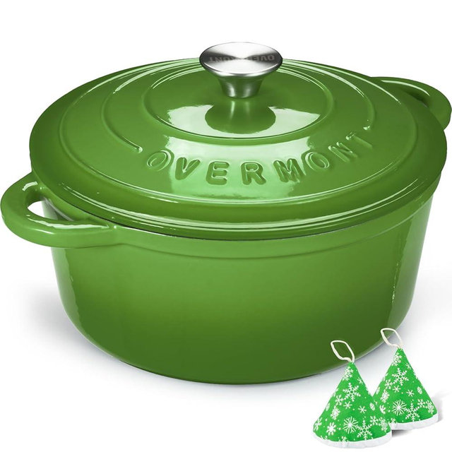 Overmont Enameled Cast Iron Dutch Oven - 7QT Pot with Lid Cookbook & Cotton Potholders - Heavy-Duty Cookware for Braising, Stews, Roasting, Bread Baking green