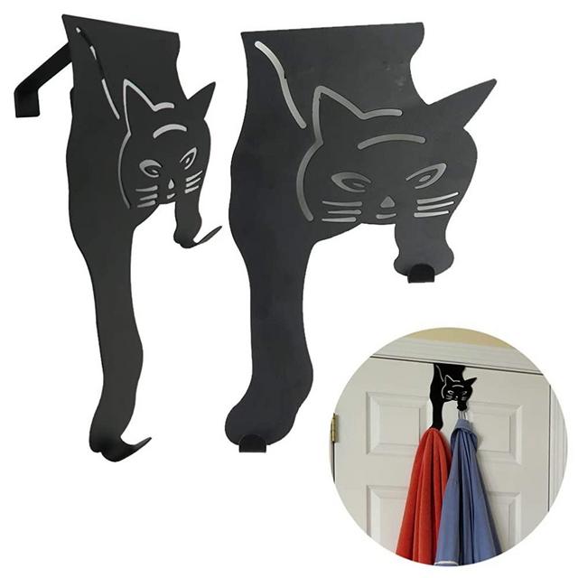 Evelots Kitty Cat Hanger Hooks - [Set of 2] 9.84 x 6 x 1.75 in, Black, Over The Door Metal Hanger, Space Saving, Compact Design, Rust-Free Black Coating, Home/Office/Storage | Home Accessories