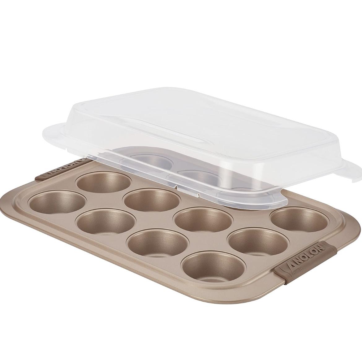Anolon Bronze Nonstick 12-Cup Muffin Tin With Silicone Grips and Lid / Nonstick 12-Cup Cupcake Tin With Silicone Grips and Lid - 12 Cup, Brown