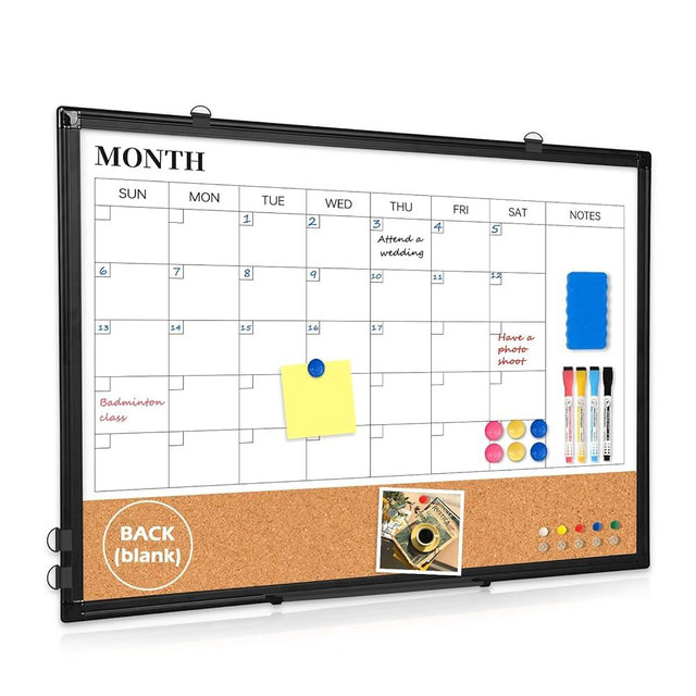 WALGLASS Monthly Calendar Whiteboard Dry Erase Cork Board Combo, 36" x 24" Magnetic Double-Sided Calendar White Board and Bulletin Board with Black Aluminium Frame, Portable Board for Office,Home