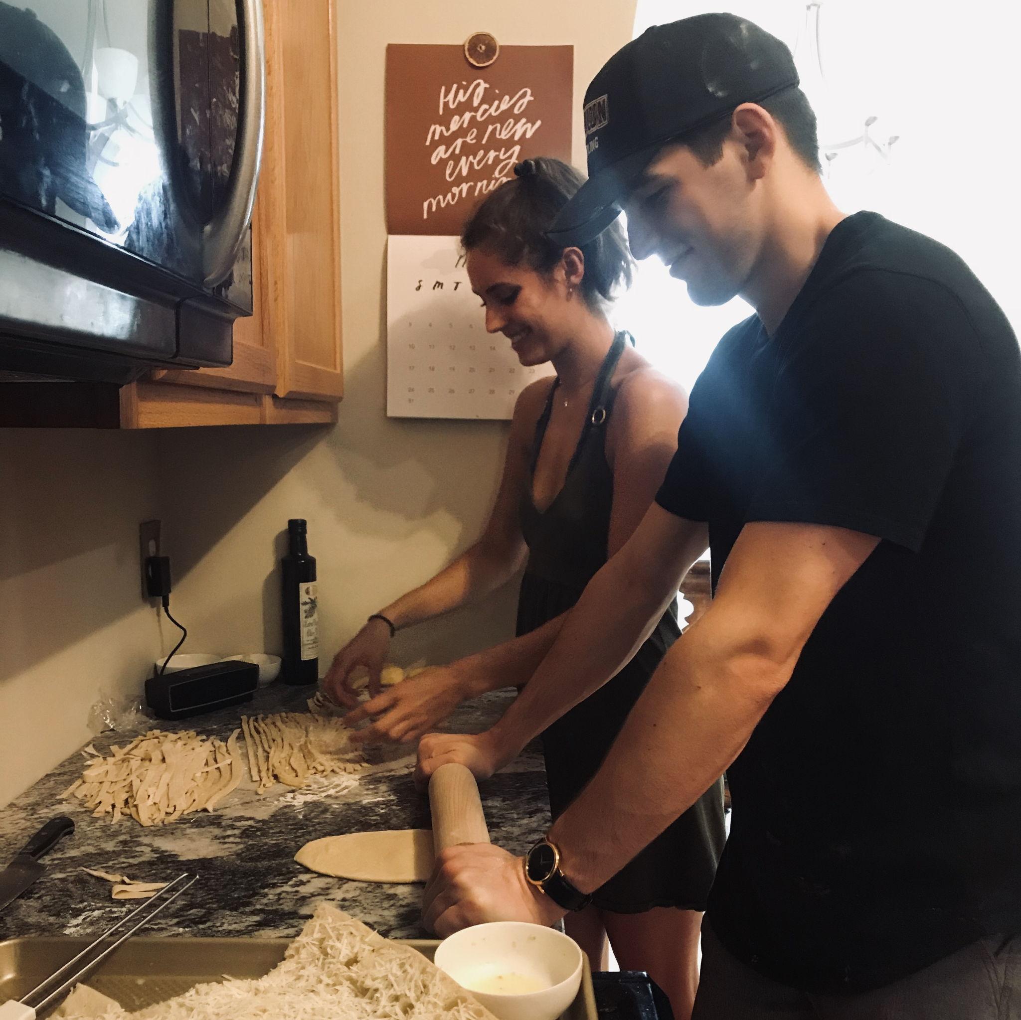 They did date nights like pasta making, or "Think and Drink" with the family, watching a MasterClass and trying out new cocktail recipes on Thursday nights.