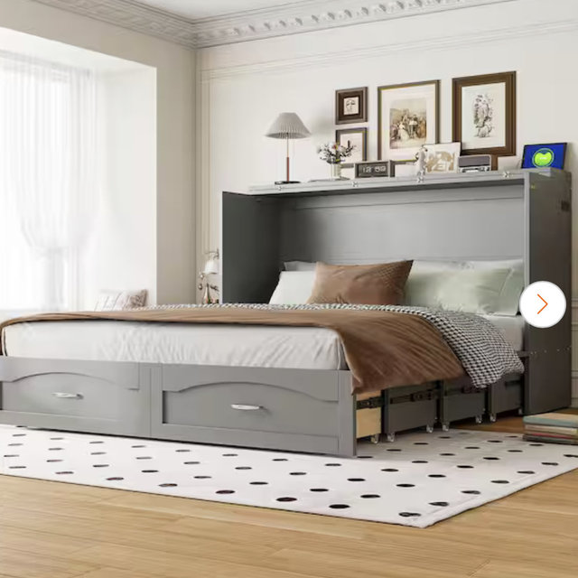 Harper & Bright Designs Gray Wood Frame Queen Size Murphy Bed with Built-in Charging Station, Pulleys and Sliding Rails Design, 2-Drawer