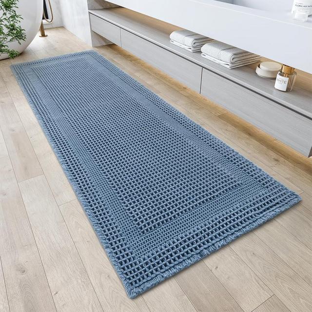 AMOAMI Waffle Bath-Mat, Absorbent Bath Mats for Bathroom Non Slip, Machine Washable Bathroom Rugs with Tassels Ultra Soft Boho Bath Rugs 2'x6'(24"x72") Blue