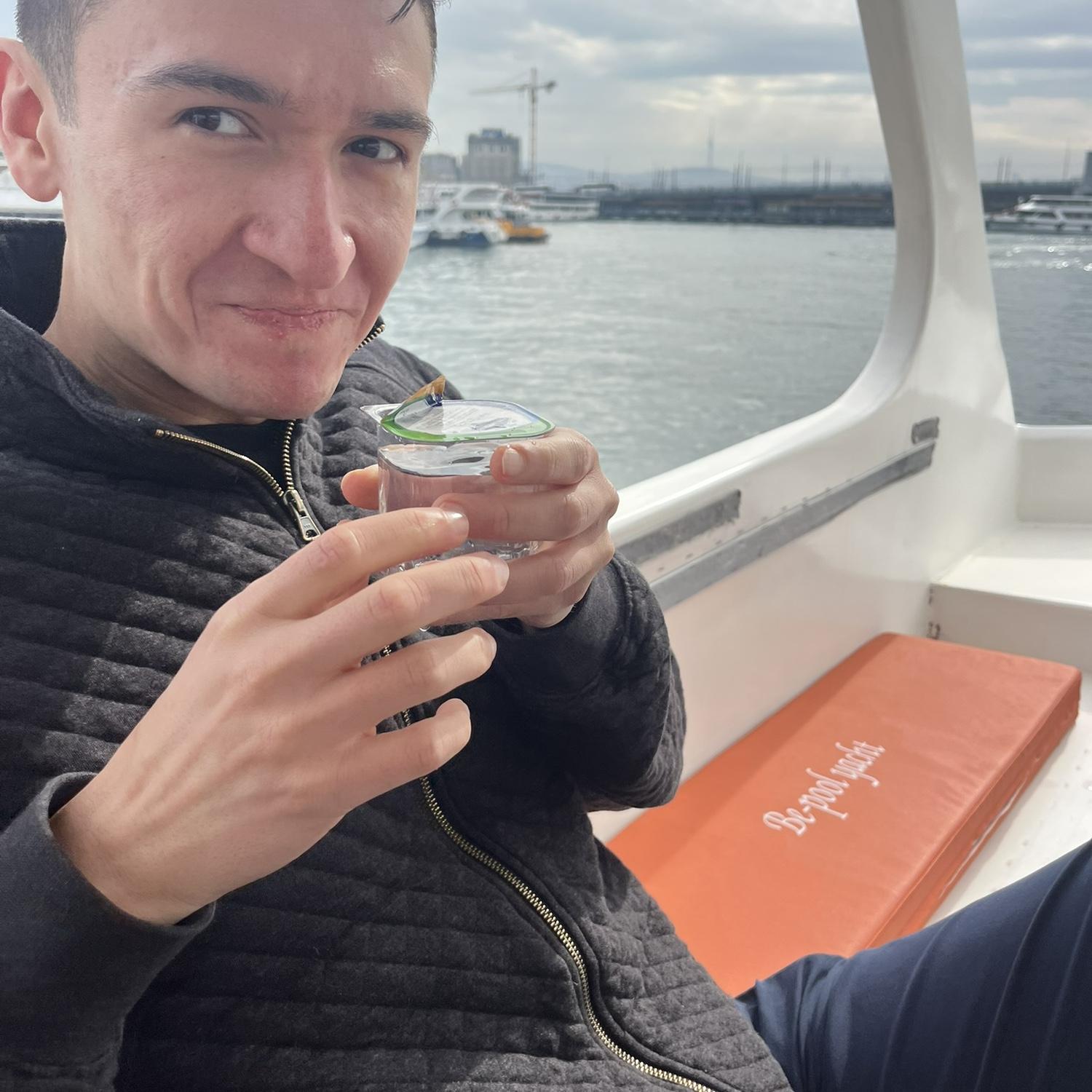 Ryan and this tiny pudding-cup of water on our 1hr cruise around Istanbul