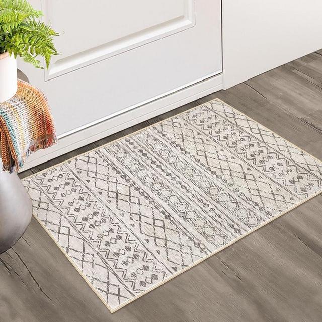 KUTA Moroccan Washable Rugs, 2x3 Beige Entryway Rug Non-Slip Washable Small Rug, Ultra Soft Vintage Distressed Geometric Low-Pile Indoor Door Mat Floor Carpet for Entrance Bedroom Kitchen Bathroom