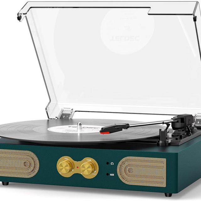 Vinyl Record Player with Built-in Speakers, Vintage 3-Speed Turntable, Bass/Treble Control, Headphone Jack, RCA/AUX Outputs, Belt-Driven LP Player, Green