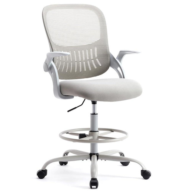 SMUG Drafting Chair for Standing Desk, Counter Height Adjustable, Flip-up Arms, Ergonomic Mid Back Mesh Rolling Work Swivel Office Computer Chairs with Wheels, Grey
