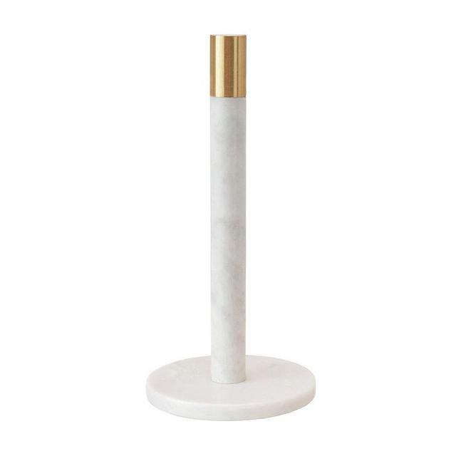 Modern Marble Paper Towel Holder with Brass Accent Band, White