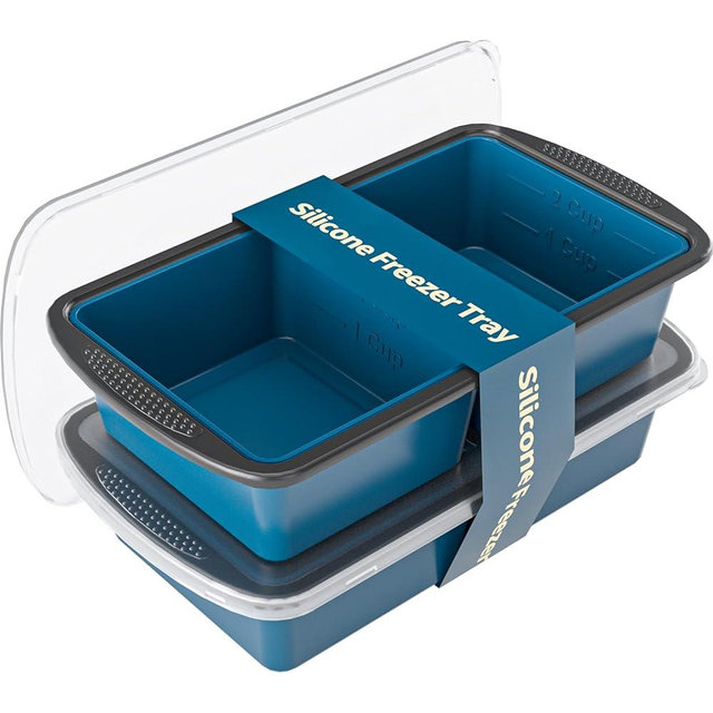 GORCI Silicone Freezer Tray With Lid, 4 Large 2 Cup Soup Freezer Molds, Soup Freezer Container for Meal Prepping, Large Ice Cube Tray， Perfect for Storing Leftovers, Sauces, Lasagna, 2-Pack