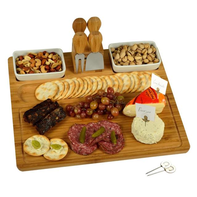 Picnic at Ascot Large Bamboo Cheese Board/Charcuterie Platter with Tools, Bowls, & Markers