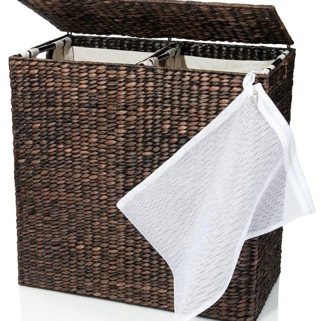 Designer Wicker Laundry Hamper with Divided Interior and Laundry Basket Bags - Espresso Water Hyacinth Hamper with Lid, Includes Two Removable Laundry Liners and Delicates Mesh Laundry Bag