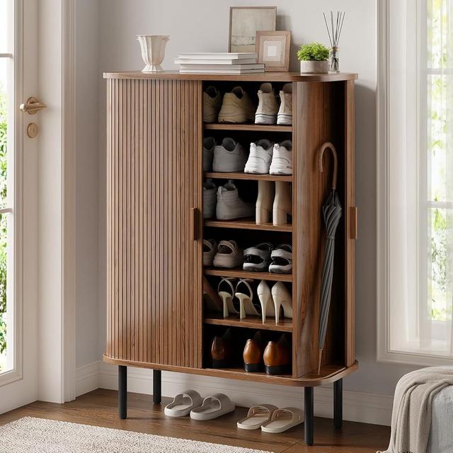 ONBRILL 6-Tier Shoe Cabinet with Sliding Door, Wooden Shoe Storage Cabinet with Adjustable Shelves, Mid-Century Modern Freestanding Shoe Storage Organizer for Entryway, Hallway, Living Room, Walnut