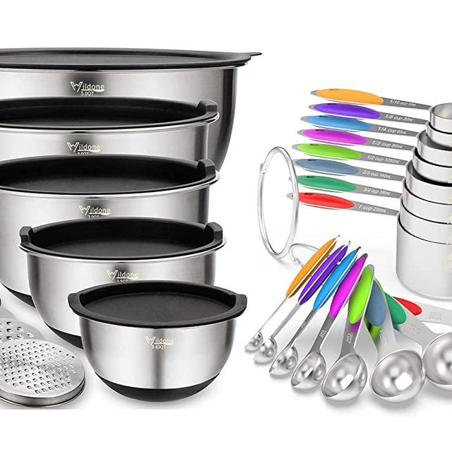 Wildone Stainless Steel Mixing Bowls Set with Airtight Lids, 3 Grater Attachment & Non-slip Bottoms and Multicolor 16 Piece Measuring Cups and Spoons Set