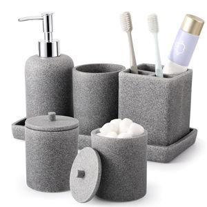 Resin 6 Pcs Gray Bathroom Set Complete with Toothbrush Holder, Lotion Soap Dispenser, 2 Qtip Holder Dispensers,Vanity Tray,Bathroom Tumbler - Countertop Vanity Organizer - Bathroom Accessories Set