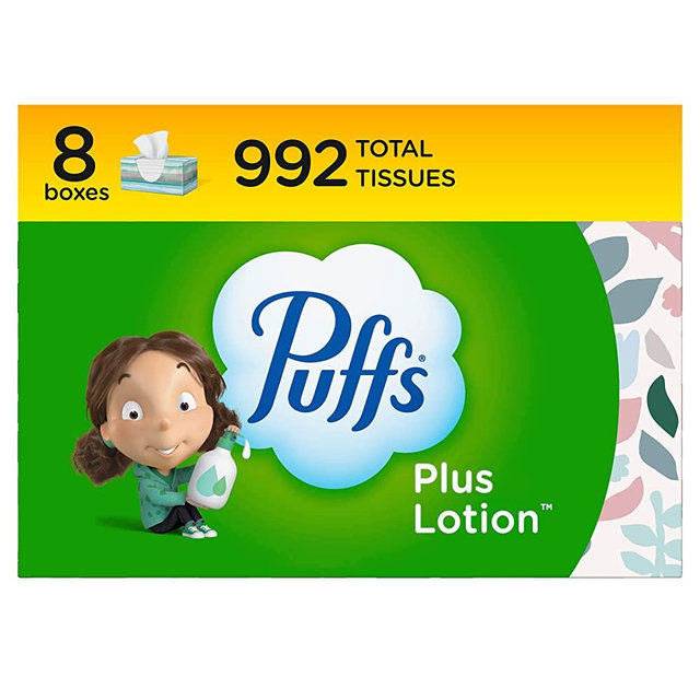 Puffs Plus Lotion Facial Tissue, 8 Family Boxes, 124 Facial Tissues per Box (992 Tissues Total)