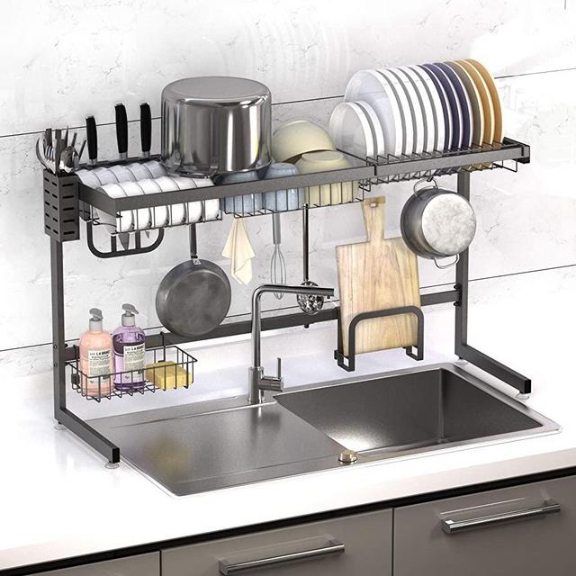 Over Sink Dish Drying Rack KUFA Adjustable Kitchen Utensil Storage Organizer Holder Stainless Steel Paint Counter Drainer Shelf Above Drainage Drainboard Set for Single and Double Bowl ≤ 39"