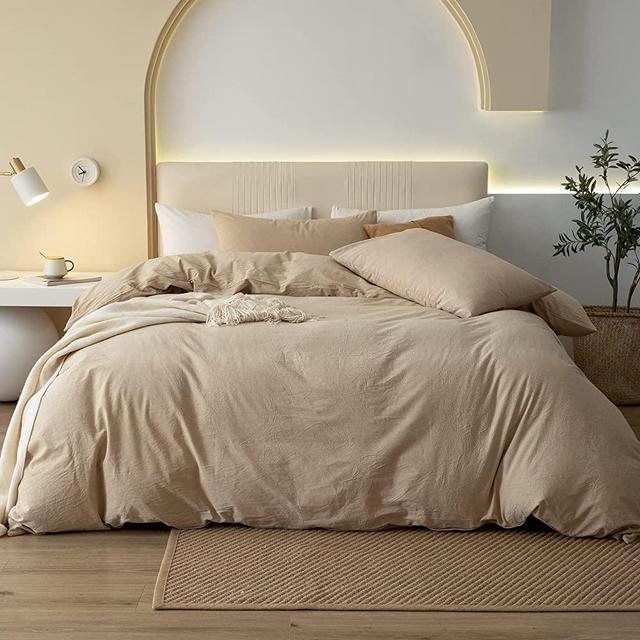 JIYUAN 100% Washed Cotton Duvet Cover Comfy Simple Style Solid Color Soft Breathable Textured Durable Linen Feel Bedding Sets for All Seasons King Size, Tan