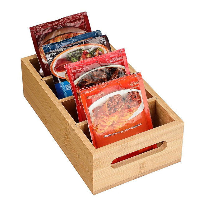 BSTKEY Seasoning Packet Organizer, Food Storage Organizer with 4 Removable Dividers, Bamboo Storage Caddy for Pantry Kitchen Cabinet, Kitchen Organization Bin with Handle for Snacks Spice Packets