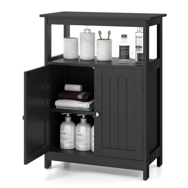 Costway Bathroom Floor Cabinet Freestanding Storage Organizer with 2 Doors Open Compartment Black