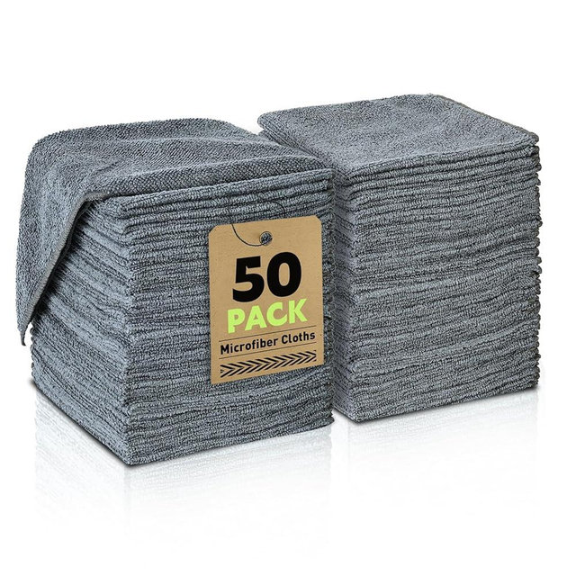 TEAWOO Microfiber Cleaning Cloths Bulk-50 Pack, Gray Microfiber Towels for Cars, Ultra Absorbent Microfiber Towel Weave Grime & Liquid for Streak-Free Mirror Shine - Car Washing Cloth, 12x12 inches