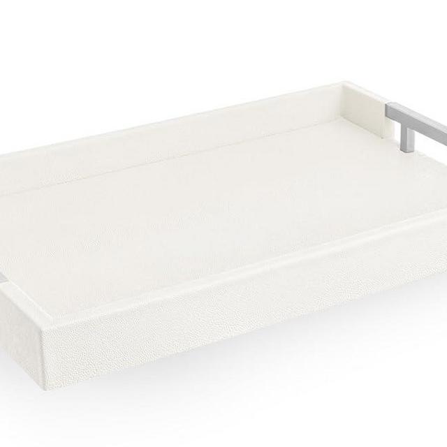 Modern Elegant 18"x12" Rectangle White Shagreen Decorative Ottoman Coffee Table Perfume Dresser Kitchen Serving Tray with Silver Metal Handles by Home Redefined for All Occasion's