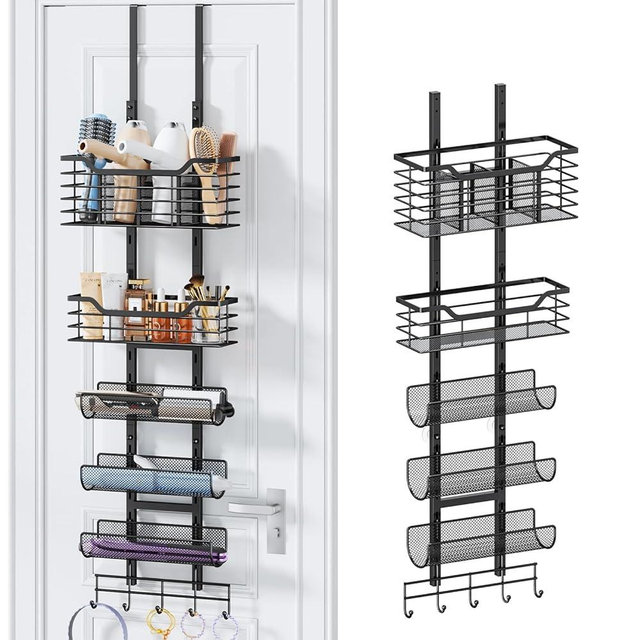 Consmest 6-Tier Hair Tool Organizer - Hair Dryer Holder Over The Door/Wall Mounted DIY Adjustable Shelf Bathroom Door Organizer with Hook for Curling Iron/Blow Dryer/Straightener Black