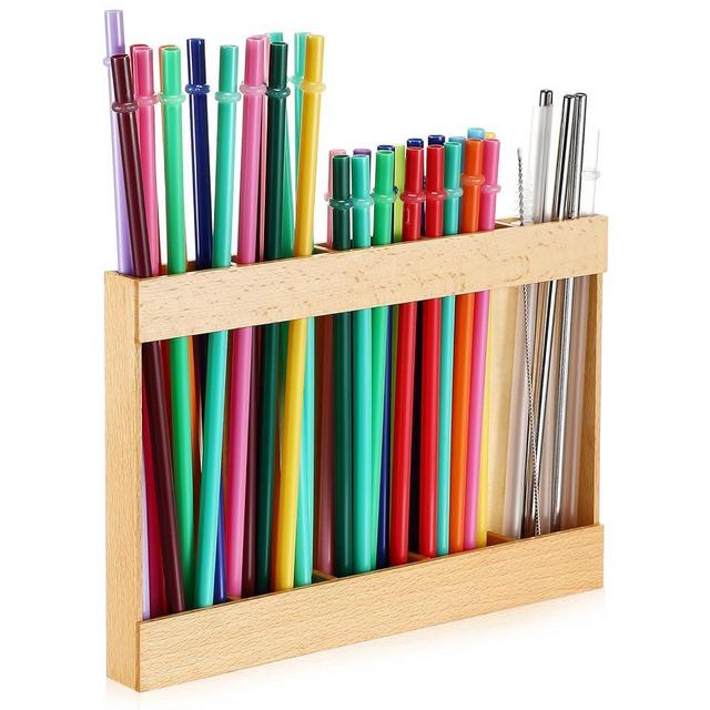 Qinyoung Wooden Straw Holder with Double Sided Adhesive Tape Tumbler Straw Organizer for Cupboard Reusable Tumbler Straw Storage Container for Kitchen Counter(Wood Color)