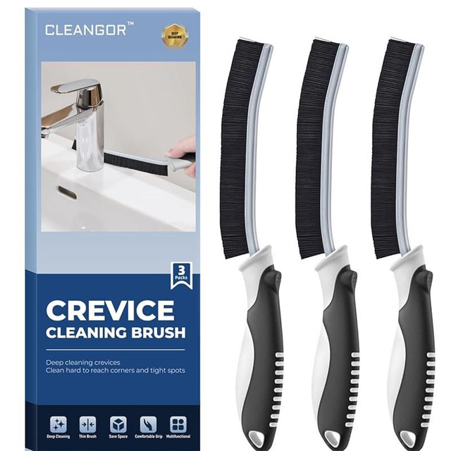 Cleangor Crevice Cleaning Brushes, Scrub Brush for Hard to Reach Small Space, Home Essentials, Cleaning Supplies, Cleaning Tools for Household Use, Bathroom, Shower, Kitchen, Toilet, Window (3, Black)