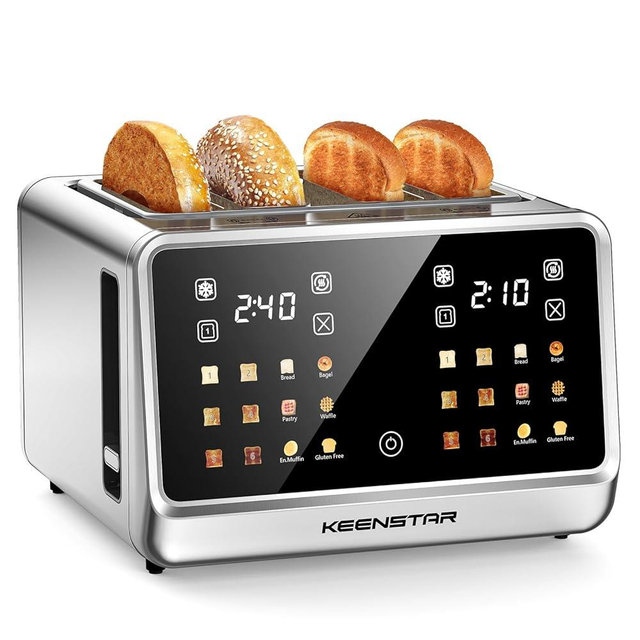 4 Slice Toaster with Touch Screen, Stainless Steel Smart Bread Toaster, 1.5" Wide Slots, 6 Shade Settings & 6 Bread Types for Bagels, Timer, Single Slice Toasting, Reheat, Defrost, 1800W