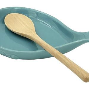 Ceramic Spoon Rest for Kitchen with Wooden Spoon, Whale Shape, 4.8W X 7.8L
