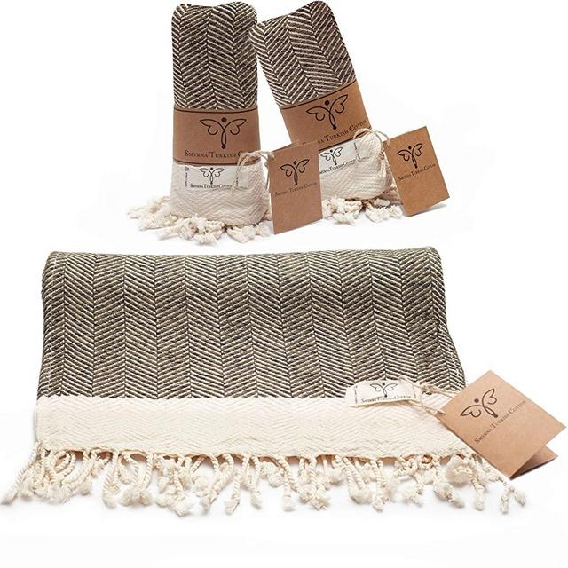 Smyrna Original Turkish Hand Towels Herringbone Series Set of 2 | 100% Cotton, 16 x 40 Inches | Decorative Bathroom Peshtemal Towel for Hand, Face, Hair, Gym, Yoga, Tea, Kitchen and Bath (Army Green)