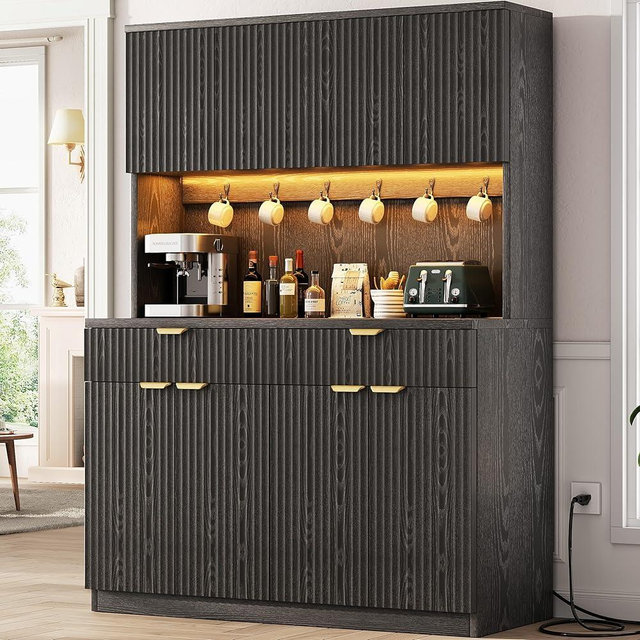 Fluted Kitchen Pantry Storage Cabinet with Charging Station/LED Light/Drawer/Doors/Shelves, 71'' Tall Kitchen Food Hutch with Microwave Stand for Dining Room Living Room (Black, 47*15.7*71)