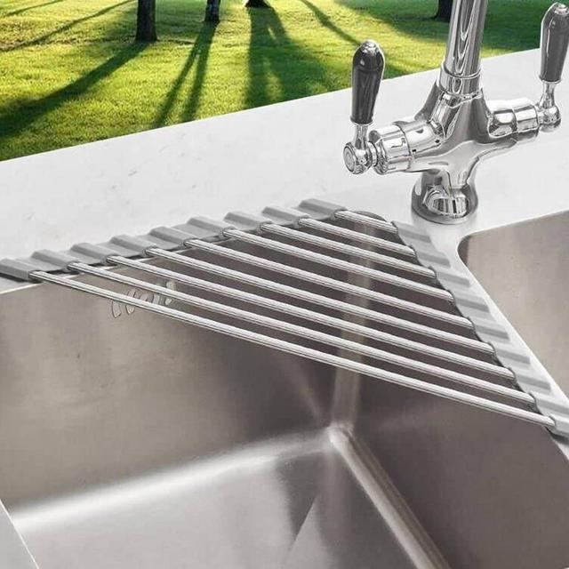 Triangle Dish Drying Rack for Sink Corner Roll Up Dish Drying Rack Folding Stainless Steel Multipurpose Over The Sink Corner Dish Drainer Mat for Kitchen (Grey)