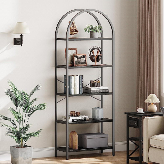 IDEALHOUSE Bookshelf 5 Tier Bookcase Arched Display Racks Tall Standing Bookshelves Mental Frame Open Storage Rack Shelf Large Black Book Shelf for Bedroom, Living Room, Home Office