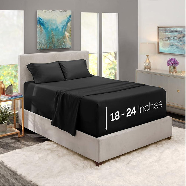 Nestl Extra Deep Pocket Sheets - Fits Mattress 18-24 Inches Deep, Extra Deep Pocket Queen Sheets Sets, 4 Piece Queen Size Sheets, Queen Sheets Deep Pocket, Black Sheets Queen