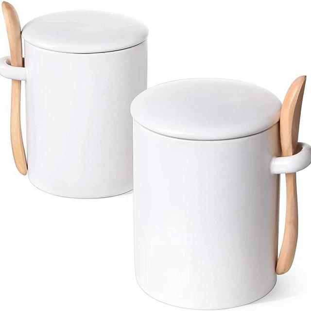 LE TAUCI Sugar Container, Salt Canisters, 12 FL OZ (350ML) Sugar Bowls with Lids and Spoon for Kitchen Set of 2, Airtight Seal Coffee Container Tea Jar (White)