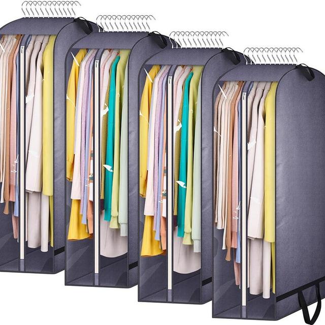 KIMBORA 10" Gusseted Clear Garment Bags for Hanging Clothes Storage, 43" Suit Bags for Closet Storage with Handles, Garment Covers for Coats, Jackets, Sweaters (4 Packs, Grey)