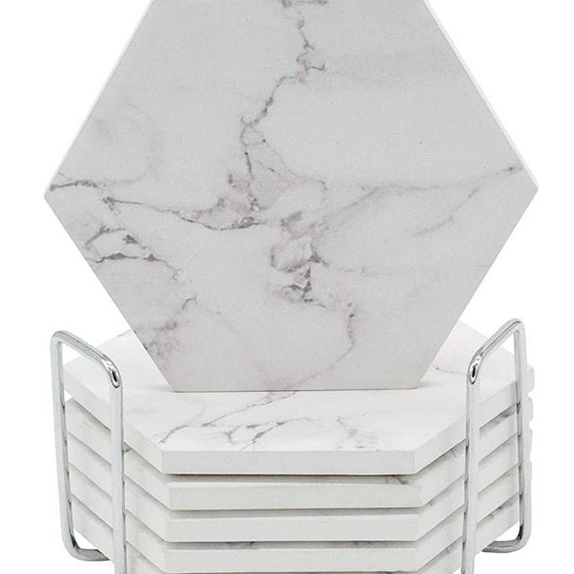 COTIDIANO Absorbent Hexagon Coasters for Drinks - 6pcs Ceramic Coaster Set with Silver Metal Coaster Holder - White Marble Coaster Design with Non Slip Cork Base